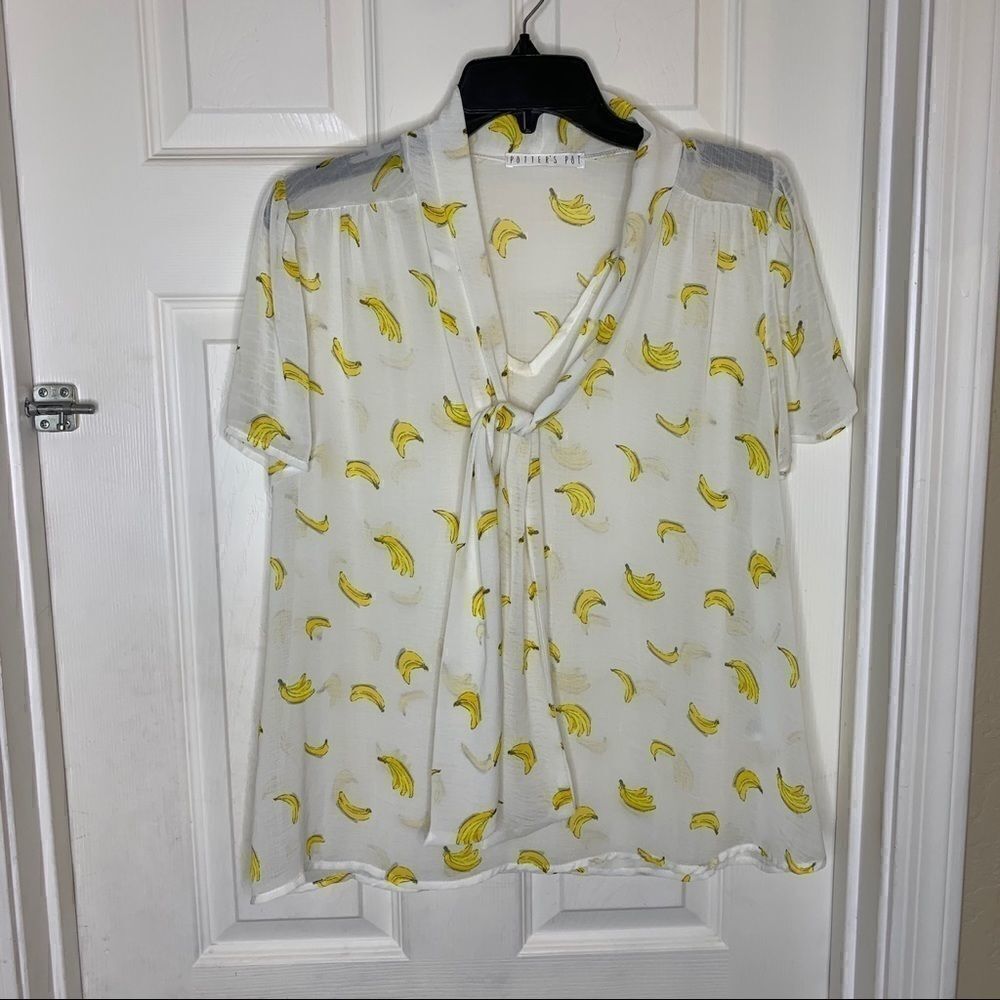 Potters Pot Short Sleeve Sheer Banana Print Top